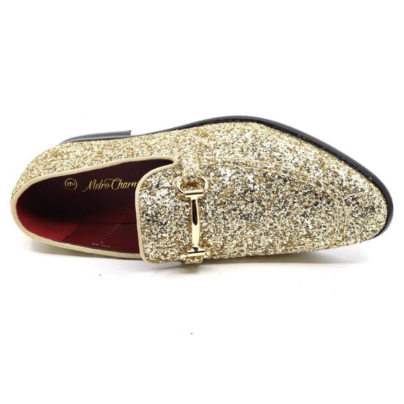 Gold Glitter Men\'s Vintage Designer Classic Smoking Dress Tuxedo Loafers Shoes main image 8
